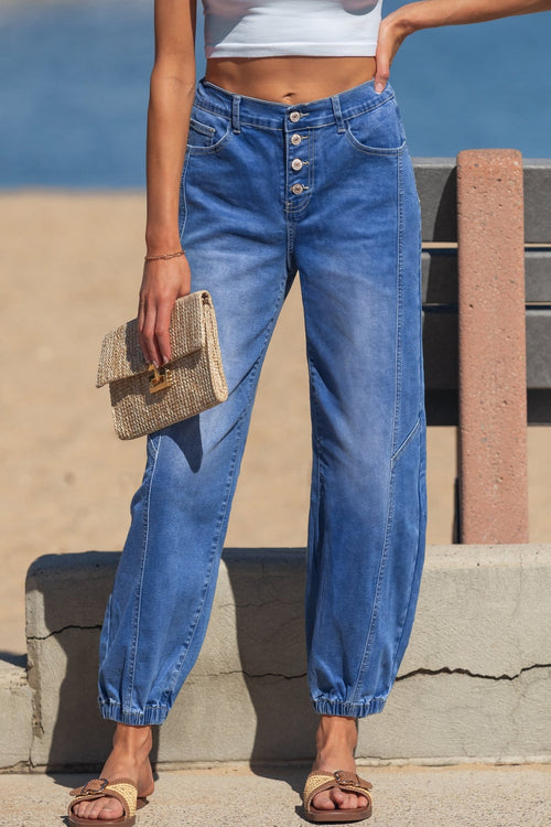Blue 4 Buttons Front Tapered Casual Loose Fit Jeans - Luxe Nest Market