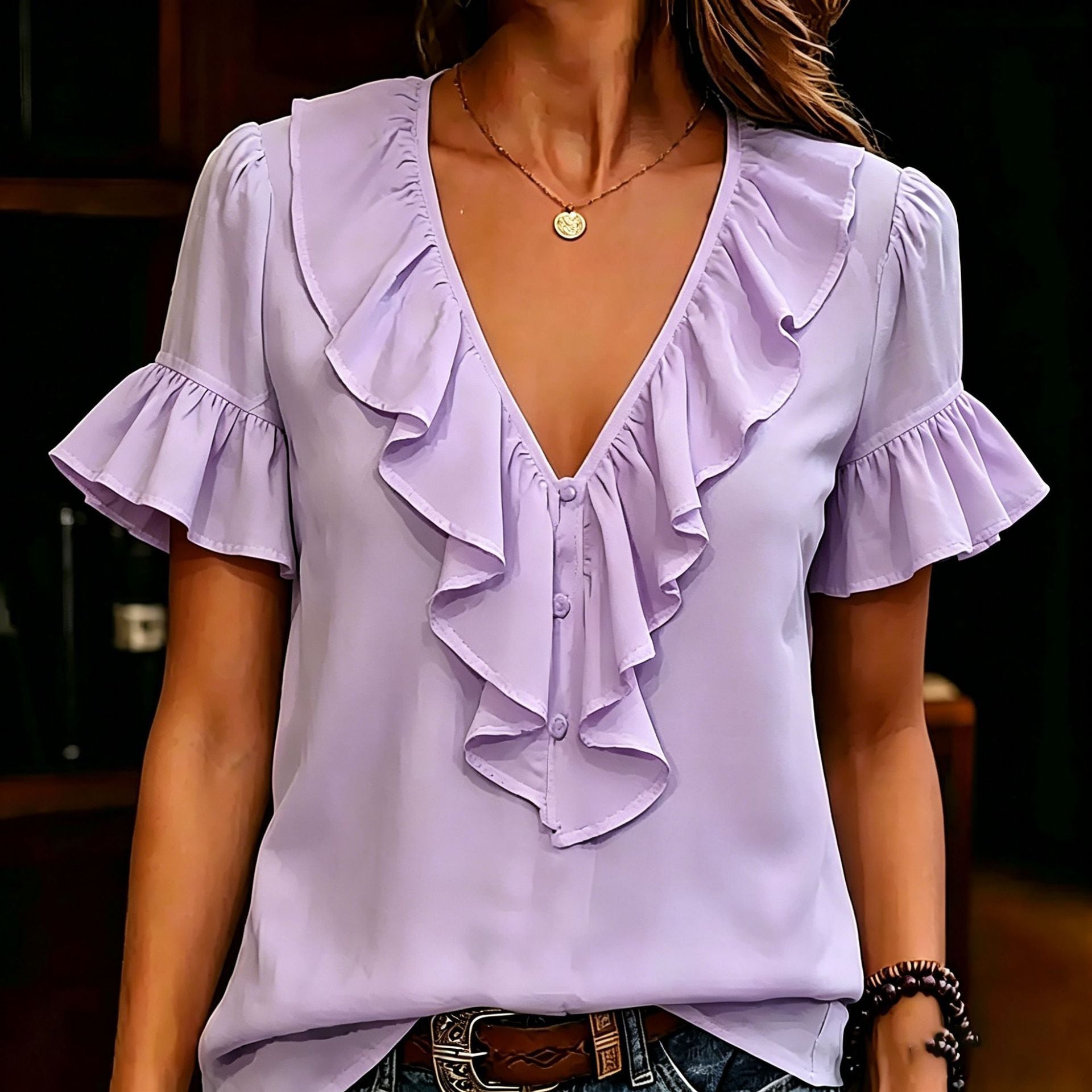 Womens Short-Sleeved T-Shirt With Ruffled Hem And V-Neck - Luxe Nest Market